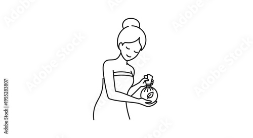 Woman in spa towel holding herbal compress ball for massage and wellness
