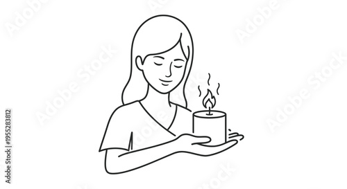Woman holding a lit candle, serene expression, mindfulness, peace, hope, light