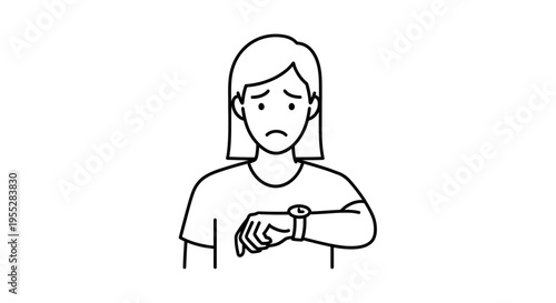 Woman looking at watch with worried expression, late for appointment, deadline concept