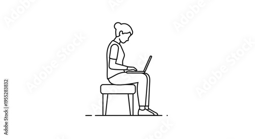 Woman sitting on stool using laptop, line art illustration, focused work, remote work concept