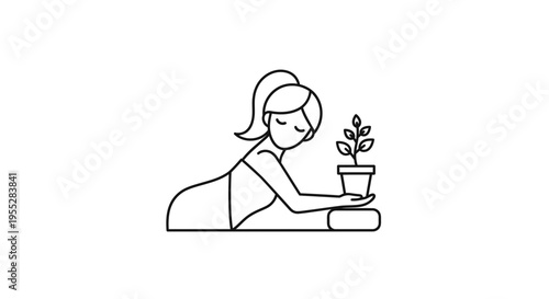 Woman meditating with a small plant, yoga mat, peaceful mind, growth concept