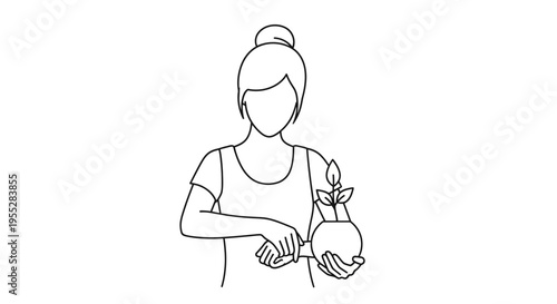 Woman tending to a small plant in a round vase, minimalist line art illustration