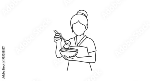 Woman Stirring Bowl of Food, Healthy Eating, Cooking, Simple Line Art