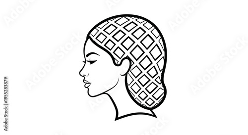 Woman with Hair Net, Profile View, Black and White Line Art