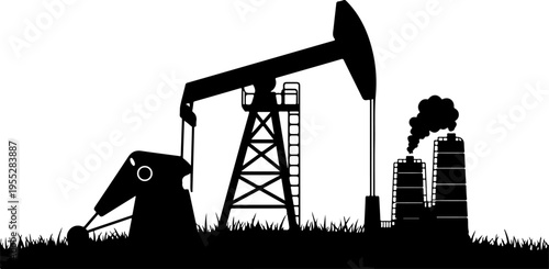Black silhouette oil pump jack and factory vector