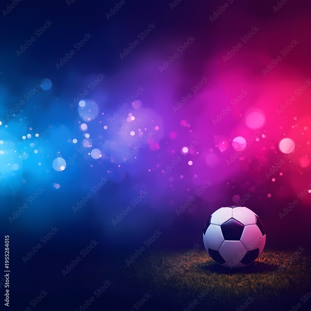 Naklejka premium Soccer Ball on Green Pitch with Magical Blue and Purple Bokeh
