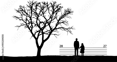 Vector silhouette of couple and tree with measurement lines