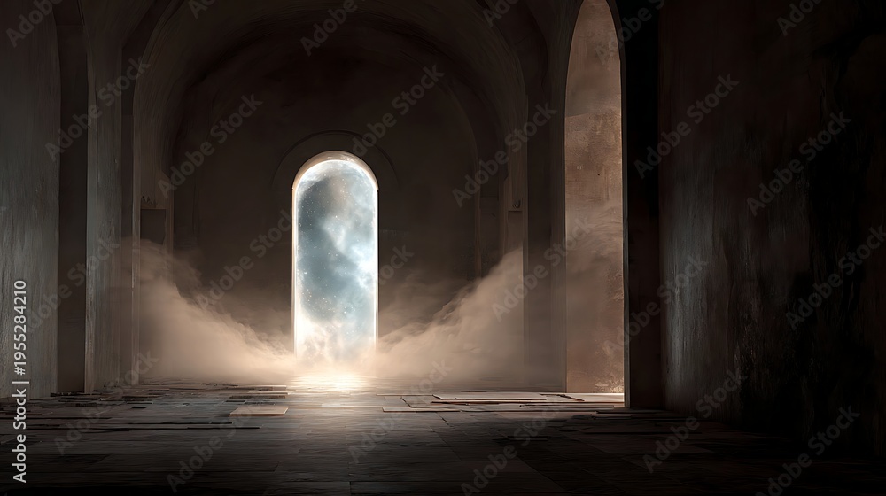 Fototapeta premium Illuminated portal glows within a dark, ancient, vaulted chamber filled with swirling mist