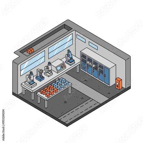 Isometric Laboratory Workspace with Equipment and Chemicals.