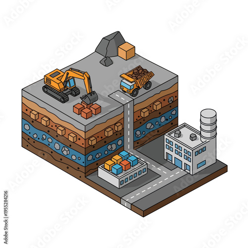 Isometric Factory Building with Machinery and Containers.