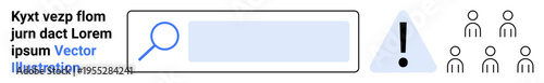 Online search, notifications, alerts, information management, communication, team collaboration. Search bar, exclamation mark and silhouettes of people. Online search and notifications concept