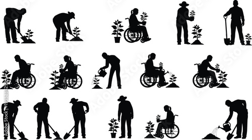Silhouettes of diverse people gardening including wheelchair users planting watering digging sustainable eco friendly community agriculture concept illustration set collection