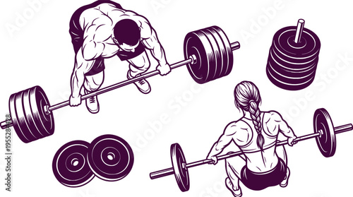 Fitness workout illustration with man and woman lifting weights on white background