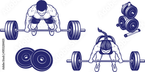 Weightlifting fitness illustration with man and woman exercising with barbells and dumbbells on clean white background