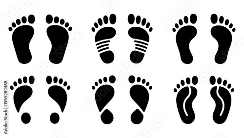 Collection of black footprint illustrations in various styles and orientations