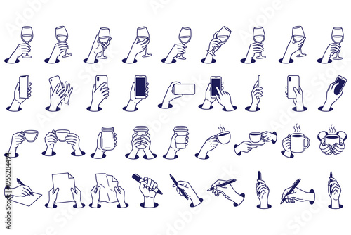 Collection of hand icons holding various objects on white background