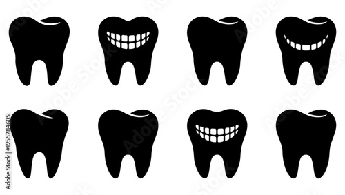 A collection of stylized black and white tooth icons with varying expressions