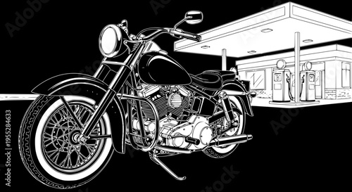 Vintage motorcycle vector silhouette. Classic motorcycle with gas station. Transparent background SVG version.