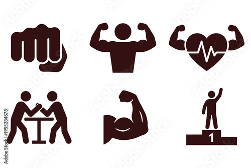 Fitness motivation icons with flexing muscles and competition on clean white background