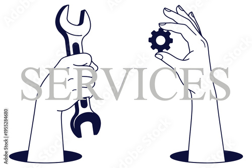 Services illustration with hands holding wrench and gear on white background