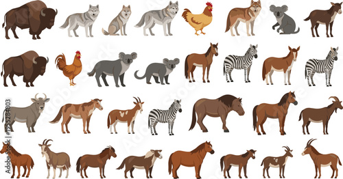 Farm and Wildlife Animal Vector Set Featuring Bison, Goat, Zebra, Rooster, Koala, and Horse for Animal Illustrations
