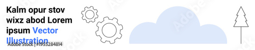 Technology, innovation, nature conservation, eco-friendly design, digital illustration, and environmental . Minimalistic cloud, gear symbols text and a tree outline. Technology and nature