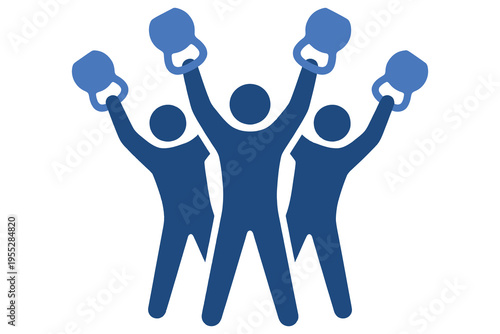 Fitness teamwork concept with three blue silhouettes holding dumbbells up in air on white background