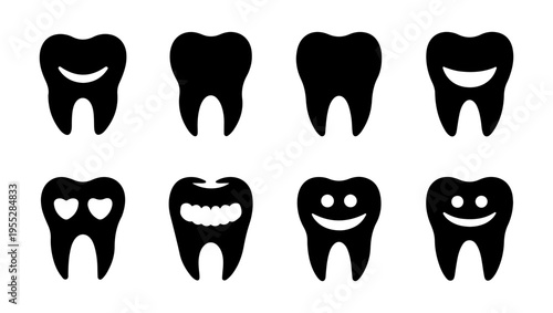 Simple black and white icons depicting various tooth shapes and expressions
