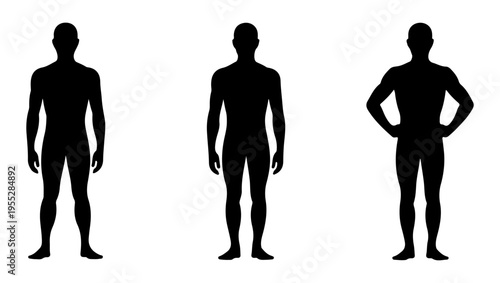Three male silhouettes demonstrating varying levels of muscularity and body shape