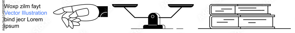 Obraz premium Justice, education, decision-making, balance, equality, legal principles. Outlines of a pointing hand, scales of justice and a stack of books. Justice and education concepts