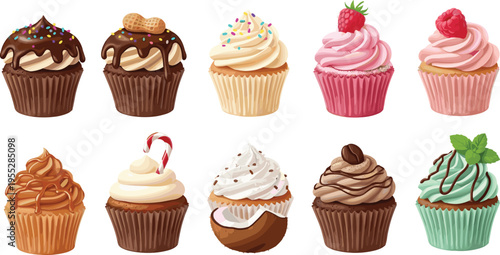 Delicious Cupcake Vector Set Featuring Chocolate, Strawberry, Mint, Peanut, and Coffee Toppings for Dessert Designs