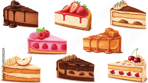 Decadent Cake Slice Vector Set Featuring Chocolate, Strawberry, Raspberry, Caramel, and Apple Flavors for Dessert Designs