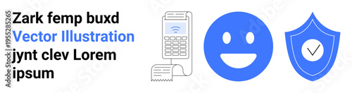 Finance, online transactions, digital security, user experience, identity protection, emotive communication. Mobile payment terminal, happy face and shield with checkmark. Finance and digital