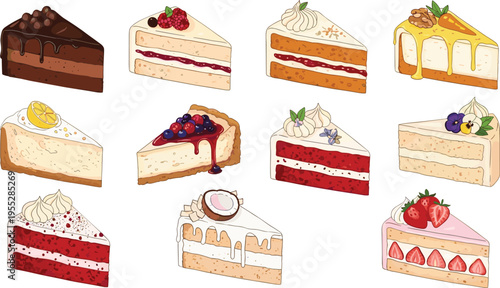 Delicious Cake Slice Vector Set Featuring Chocolate, Strawberry, Lemon, Red Velvet, and Berry Flavors for Dessert Designs