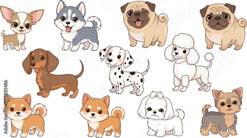 Cute Dog Breed Vector Set Featuring Chihuahua, Pug, Dachshund, Dalmatian, Poodle, Shiba Inu, and Yorkshire Terrier