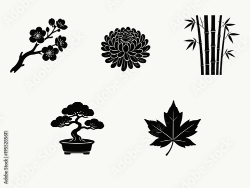Bonsai trees and various plants are depicted in a simple black illustration.