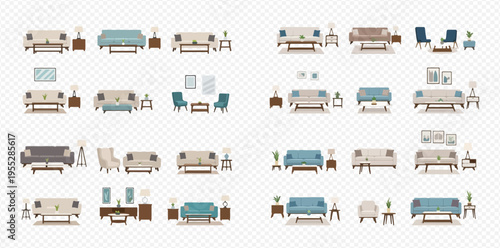 Set of pixel art furniture elements including sofas, chairs, tables, and lamps for interior design.