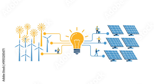 Renewable Energy Concept with Solar Panels, Wind Turbines and Engineers Working on Electric Circuit Infrastructure for Green Innovation Solution Flat Vector Illustration