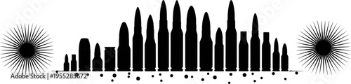 Ammunition cartridge silhouettes collection, bullet calibers lineup illustration, firearm ammo vector set, military ballistic rounds, black weapon design