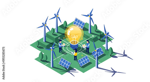 Isometric Renewable Energy Concept with Wind Turbines, Solar Panels, and People Innovating Sustainable Green Technology Solutions