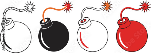 Cartoon bomb icons set, burning fuse explosive illustration, black red white bombs, danger symbol, countdown concept, detonator design, vector style
