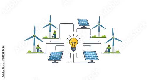 Flat Line Art Illustration of Renewable Green Energy Network with Solar Panels, Wind Turbines and Light Bulb Idea Concept