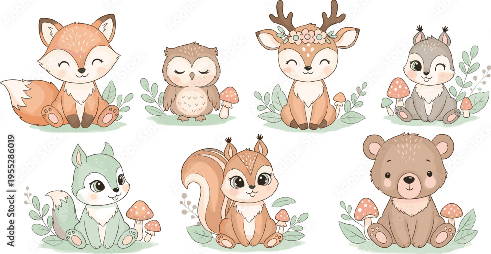 Fototapeta premium Cute Forest Animal Vector Set Featuring Fox, Owl, Deer, Squirrel, and Bear for Children’s Illustrations and Woodland Designs