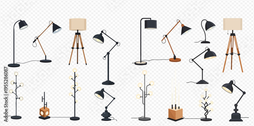 Set of modern and vintage floor lamps, table lamps, and desk lights for home and office interior design.