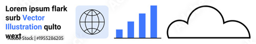 Networking, data analysis, cloud storage, technology connectivity, global communication, information sharing. Globe icon, bar chart cloud symbol. Networking and data analysis concept