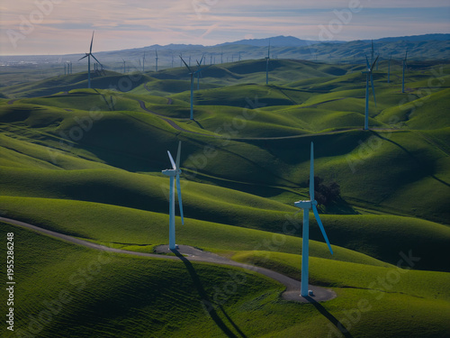Windmills on Green Rolling Hills, Livermore, California