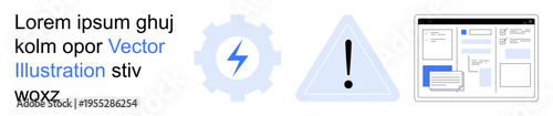 Web development, troubleshooting, software configuration, UI design, digital tools, user navigation. Gear with lightning bolt, alert triangle webpage layout. Web development and troubleshooting