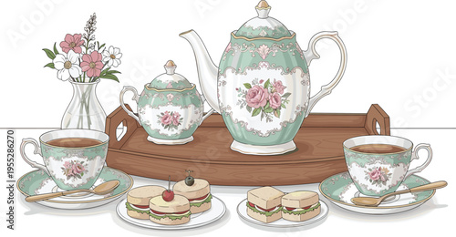Vintage Tea Set Vector Illustration with Teapot, Cups, Sandwiches, and Flowers for Elegant Tea Party Designs