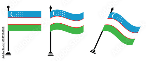 Uzbekistan Flag on Flagpole Set Flat and Waving National Flag Vector Illustration