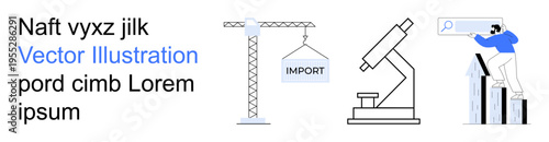 Business logistics, global trade, scientific discovery, data analysis, market research, growth trends. Crane lifting an object, microscope person analyzing bar graph. Logistics and scientific